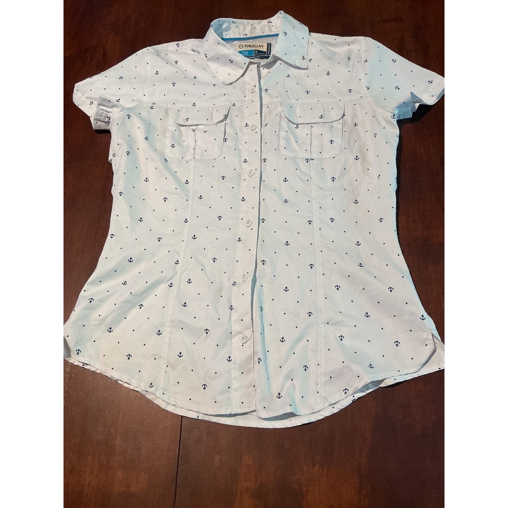 Magellan Outdoors Womens Small White Anchor Print Fishing Shirt Aransas Pass S